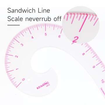 KEARING 12inch Plastic Comma Shape French Curve Ruler for Pattern Making, Sandwich Line Scale, Vary Form Curve Ruler for Sewing, Clear Muti Function Sewing Ruler for Fashion Design