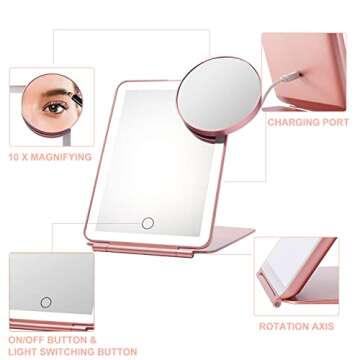 LED Foldable Travel Makeup Mirror - 5x7 inches 3 Colors Light Modes USB Rechargeable Touch Screen, P...