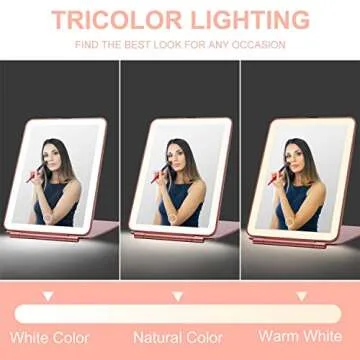 LED Foldable Travel Makeup Mirror - 5x7 inches 3 Colors Light Modes USB Rechargeable Touch Screen, Portable Tabletop Cosmetic for Travel, Cosmetic, Office (Rose Gold)