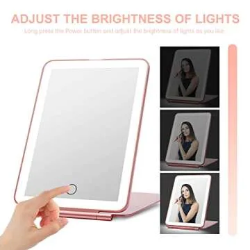 LED Foldable Travel Makeup Mirror - 5x7 inches 3 Colors Light Modes USB Rechargeable Touch Screen, Portable Tabletop Cosmetic for Travel, Cosmetic, Office (Rose Gold)