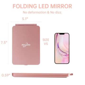 LED Foldable Travel Makeup Mirror - 5x7 inches 3 Colors Light Modes USB Rechargeable Touch Screen, Portable Tabletop Cosmetic for Travel, Cosmetic, Office (Rose Gold)