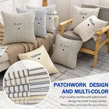 Farmhouse Pillow Covers 18x18, Modern Accent Square Throw Pillow Covers Set of 2, Gray and Beige Striped Patchwork Linen Decorative Pillows Cushion Covers for Couch Chair Bedroom Fall Decorations