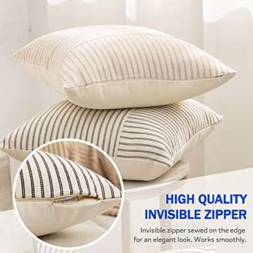 Farmhouse Pillow Covers 18x18, Modern Accent Square Throw Pillow Covers Set of 2, Gray and Beige Striped Patchwork Linen Decorative Pillows Cushion Covers for Couch Chair Bedroom Fall Decorations