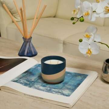 Grey and Navy Blue Geometric Striped Ceramic Round Vase - 4 x 4 x 3.5 Inches - Accent Decor Colorway Collection Modern Pot for Home Accents and Office Decor