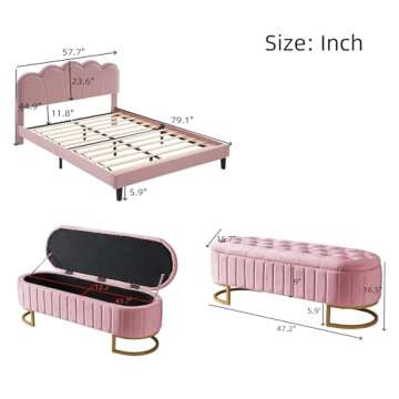 LED Floating Bed Frame Full Size with Ottoman, Upholstered Platform Bed with Shell Shaped Headboard, Modern 2-Piece Bedroom Set for Kids Girls Boys Teens Adults, No Box Spring Needed, Pink