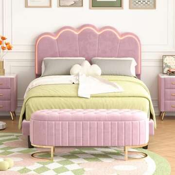 LED Floating Bed Frame Full Size with Ottoman, Upholstered Platform Bed with Shell Shaped Headboard, Modern 2-Piece Bedroom Set for Kids Girls Boys Teens Adults, No Box Spring Needed, Pink
