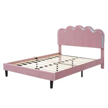 LED Floating Bed Frame Full Size with Ottoman, Upholstered Platform Bed with Shell Shaped Headboard, Modern 2-Piece Bedroom Set for Kids Girls Boys Teens Adults, No Box Spring Needed, Pink