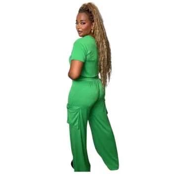 KITALASHEL Women's Cargo 2 Piece Outfit, Short Sleeve T-Shirt, Wide Leg Pants, Lounge Set (Kelly Green, Medium)