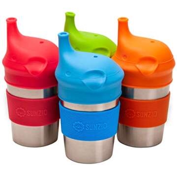 SunZio Sippy Cups for Toddlers and Kids, Stainless Steel Sippy Cup with Straw with Silicone Lids, BPA Free, Plastic Free, Break Proof Easy To Grip Soft Spout Cup for Babies, 10 oz, 4 Pack