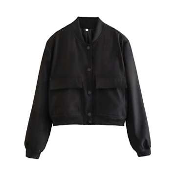 Lumister Women's Fashion Cropped Button Down Lightweight Cropped Bomber Jacket Varsity Shacket with ...