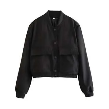 Lumister Women's Cropped Lightweight Button Down Bomber Jacket with Pockets