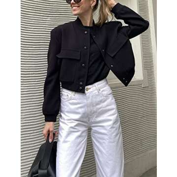 Lumister Women's Fashion Cropped Button Down Lightweight Cropped Bomber Jacket Varsity Shacket with Side Pockets(0605-Black-M)