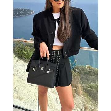 Lumister Women's Fashion Cropped Button Down Lightweight Cropped Bomber Jacket Varsity Shacket with Side Pockets(0605-Black-M)