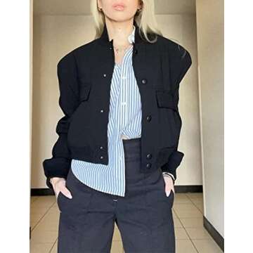 Lumister Women's Fashion Cropped Button Down Lightweight Cropped Bomber Jacket Varsity Shacket with Side Pockets(0605-Black-M)