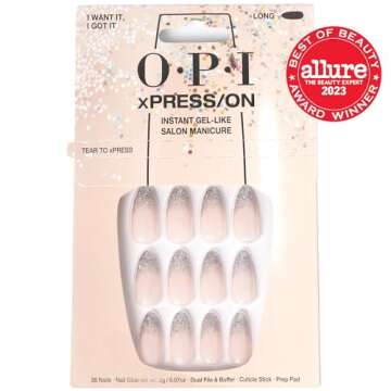 OPI xPRESS/ON I Want It, I Got It | Glitter Silver Long Almond French Tip Press On Nails | With Nail...