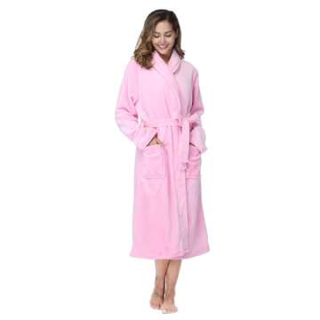 RONGTAI Womens Bathrobe Ladies Fleece Plush Warm Long Robes (Small,Pink)