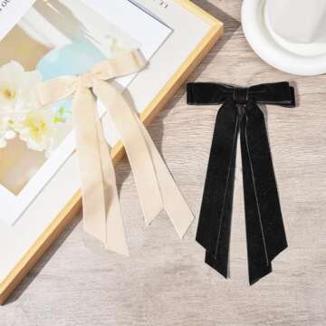 2PCS Velvet Hair Bows Ribbon Hair Clip Black Beige Accessories Ponytail Holder Accessories Slides Metal Clips Hair Bow for Women Girls Toddlers Teens Kids