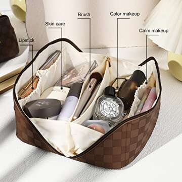 SOIDRAM Large Capacity Travel Cosmetic Bag Makeup Bag Checkered Leather Makeup Bag Organizer Women P...