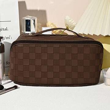 SOIDRAM Large Capacity Travel Cosmetic Bag Makeup Bag Checkered Leather Makeup Bag Organizer Women Portable Toiletry Bag Flat Lay Everything Cosmetic Bag Brown