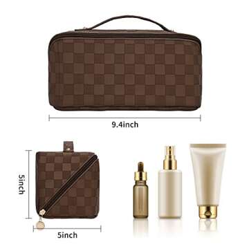 SOIDRAM Large Capacity Travel Cosmetic Bag Makeup Bag Checkered Leather Makeup Bag Organizer Women Portable Toiletry Bag Flat Lay Everything Cosmetic Bag Brown