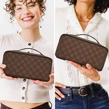 SOIDRAM Large Capacity Travel Cosmetic Bag Makeup Bag Checkered Leather Makeup Bag Organizer Women Portable Toiletry Bag Flat Lay Everything Cosmetic Bag Brown