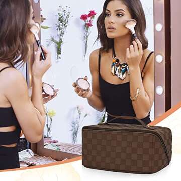 SOIDRAM Large Capacity Travel Cosmetic Bag Makeup Bag Checkered Leather Makeup Bag Organizer Women Portable Toiletry Bag Flat Lay Everything Cosmetic Bag Brown
