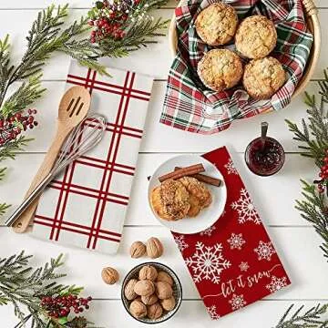 Christmas Dish Towels for Christmas Decor Red Stripe Kitchen Towels 18x26 Inch Xmas White Snowflake Washcloths Seasonal Ultra Absorbent Bar Drying Cloth Let It Snow Hand Towel for Cooking Set of 2
