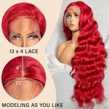 SOKU Red 13x4 Lace Frontal Wig 32 Inch Long Body Wave Pre Plucked with Baby Hair Glueless Transparen...