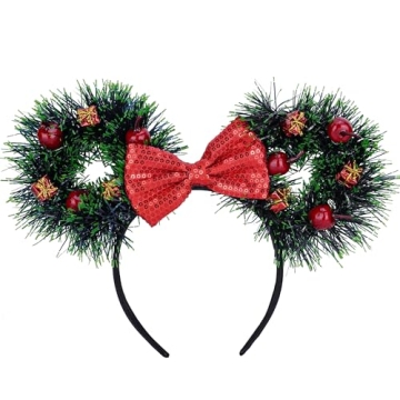 VISSTREE Dark Green Christmas Mouse Ear Headband with Bow - LED Lights for Holiday Celebrations