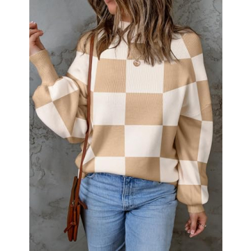 2024 Fall Fashion Khaki Plaid Turtleneck Sweater