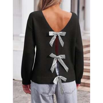 Saodimallsu Womens V Neck Long Sleeve Sweater Fall Trendy Sequin Bow Cropped Sexy Loose Knit Pullover Jumper Tops Black