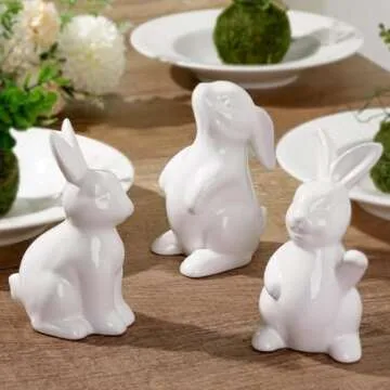 Pawliss Easter Decorations Bunny Decor: White Ceramic Rabbit Figurines Set of 3, Cute Farmhouse Rustic Easter Bunny Statue for Spring Easter Home Office Table Decor, Party Supplies Gifts for Kids