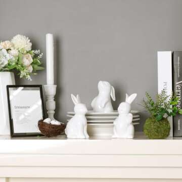 Pawliss Easter Decorations Bunny Decor: White Ceramic Rabbit Figurines Set of 3, Cute Farmhouse Rustic Easter Bunny Statue for Spring Easter Home Office Table Decor, Party Supplies Gifts for Kids