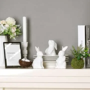 Pawliss Easter Decorations Bunny Decor: White Ceramic Rabbit Figurines Set of 3, Cute Farmhouse Rustic Easter Bunny Statue for Spring Easter Home Office Table Decor, Party Supplies Gifts for Kids