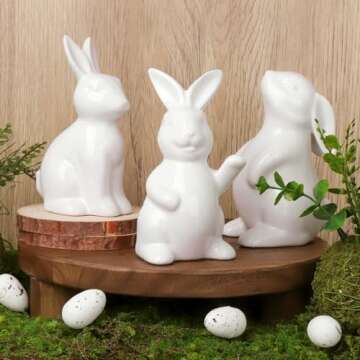 Pawliss Easter Decorations Bunny Decor: White Ceramic Rabbit Figurines Set of 3, Cute Farmhouse Rustic Easter Bunny Statue for Spring Easter Home Office Table Decor, Party Supplies Gifts for Kids