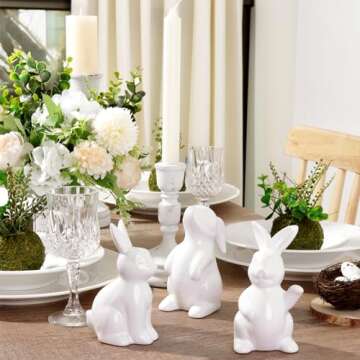 Pawliss Easter Decorations Bunny Decor: White Ceramic Rabbit Figurines Set of 3, Cute Farmhouse Rustic Easter Bunny Statue for Spring Easter Home Office Table Decor, Party Supplies Gifts for Kids