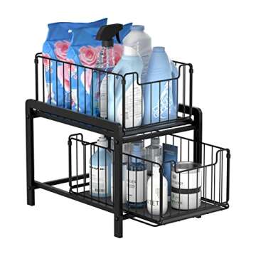 NPPLUS 2-Tier Under Sink Organzier: Iron Under Sink Cabinet Organizers With Sliding Drawer - Pull Out Home Storage For Bathroom Kitchen Desktop (Black)