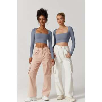 QINSEN Women's Sexy Square Neck Crop Top Long Sleeve Slim Fit Cropped T Shirts Country Blue S