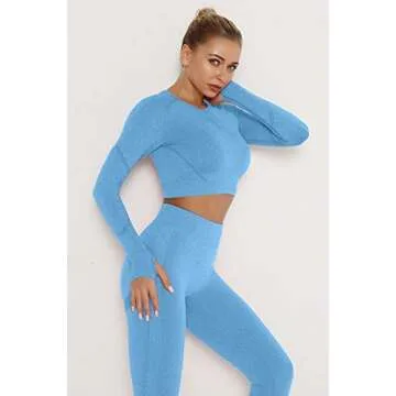 OLCHEE Women's 2 Piece Workout Outfit - Leggings and Crop Top Yoga Set Blue M