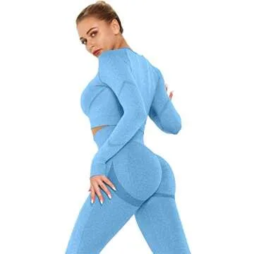 OLCHEE Women's 2 Piece Workout Outfit - Leggings and Crop Top Yoga Set Blue M