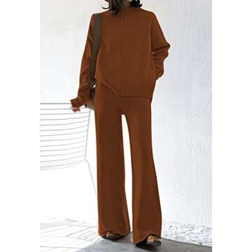AOHITE Women's Knit Sweatsuit Turtleneck Sweater Top Wide Leg Pants 2 Piece Outfits Oliver Coffee Small