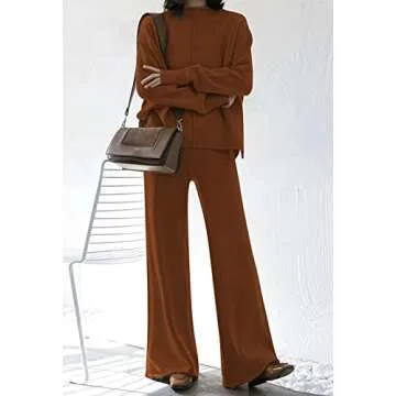 AOHITE Women's Knit Sweatsuit Turtleneck Sweater Top Wide Leg Pants 2 Piece Outfits Oliver Coffee Small