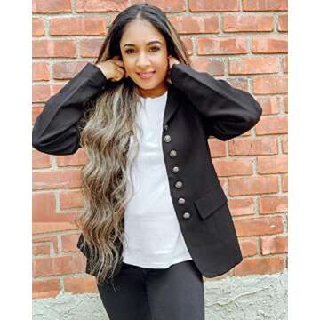 GRAPENT Women's Business Casual Buttons Pockets Open Front Blazer Suit Cardigan Black Size Large (US 12-14)