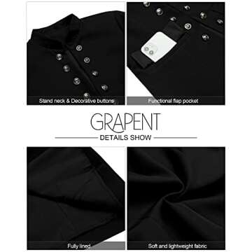 GRAPENT Women's Business Casual Buttons Pockets Open Front Blazer Suit Cardigan Black Size Large (US 12-14)