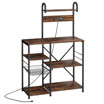 Shintenchi Bakers Rack with Power Outlet & USB Ports, Wire Basket and 6 Hooks, Microwave Oven Stand,...