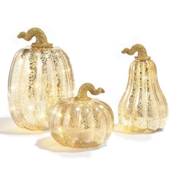 Gold Glass Pumpkin Lights - Set of 3 for Fall Decor