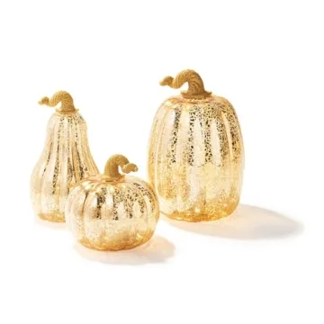 Gold Glass Pumpkin Lights - Set of 3 for Fall Decor