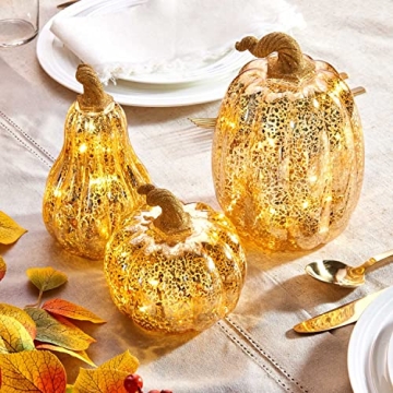 Gold Glass Pumpkin Lights - Set of 3 for Fall Decor