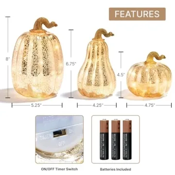 Gold Glass Pumpkin Lights - Set of 3 for Fall Decor