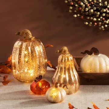 Gold Glass Pumpkin Lights - Set of 3 for Fall Decor